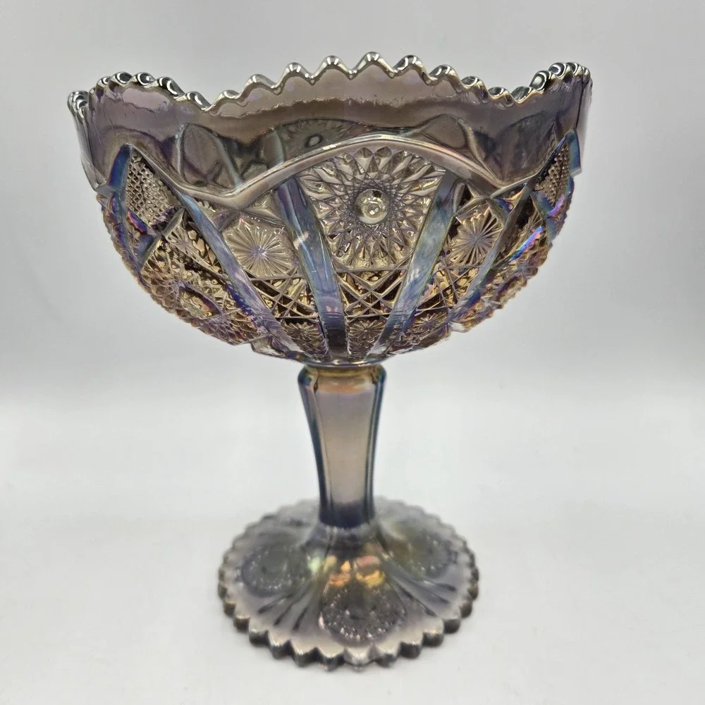Vintage Imperial Glass Octagon Compote Smoke Carnival Glass Pedestal Candy Dish